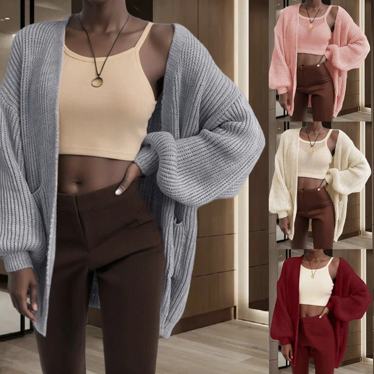Damen Großer Strickjacke mit voluminösen Ärmeln und praktischen Taschen