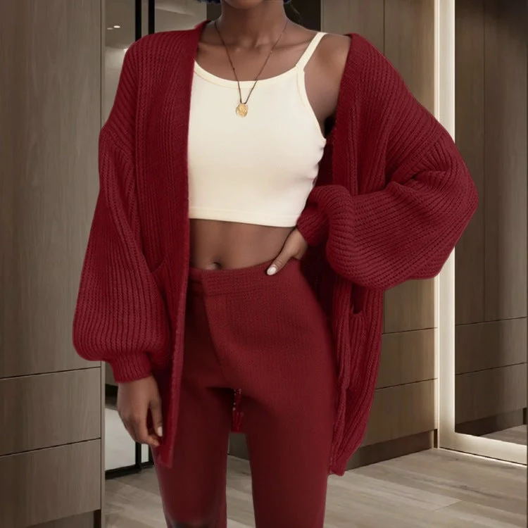 Damen Großer Strickjacke mit voluminösen Ärmeln und praktischen Taschen
