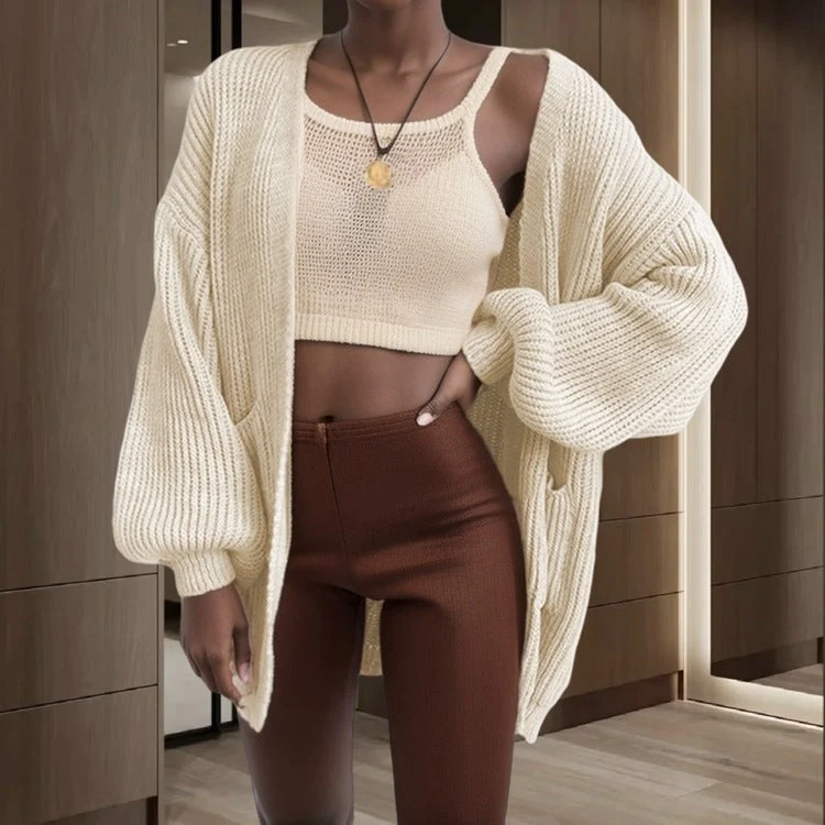 Damen Großer Strickjacke mit voluminösen Ärmeln und praktischen Taschen
