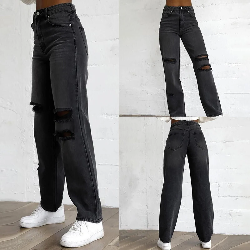 Damen High-Waist Ripped Jeans mit fransigen Details