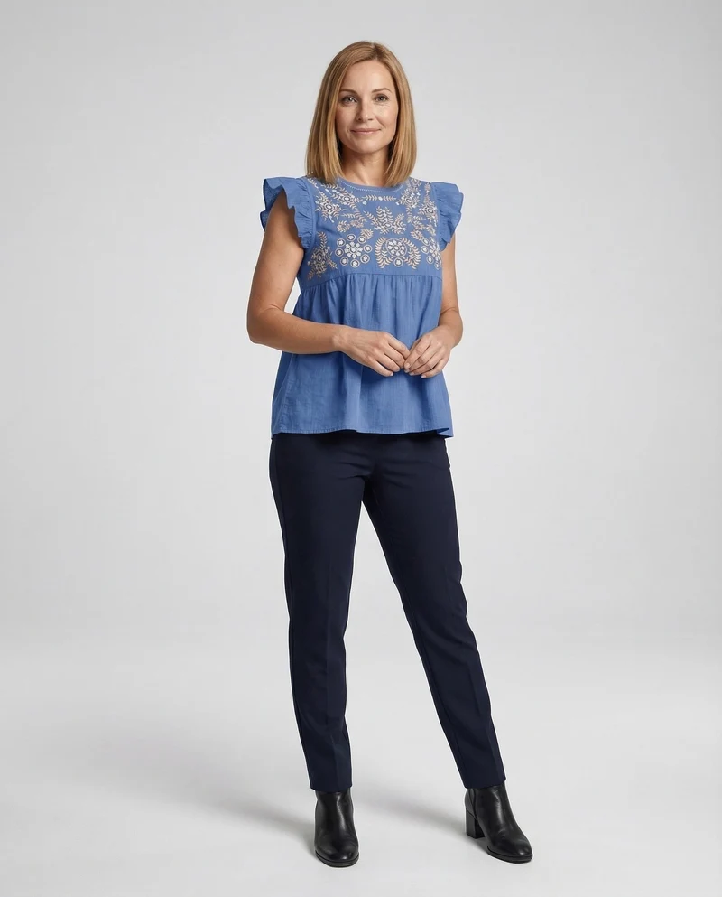 Bestickte Tunika Bluse Damen Volantärmel