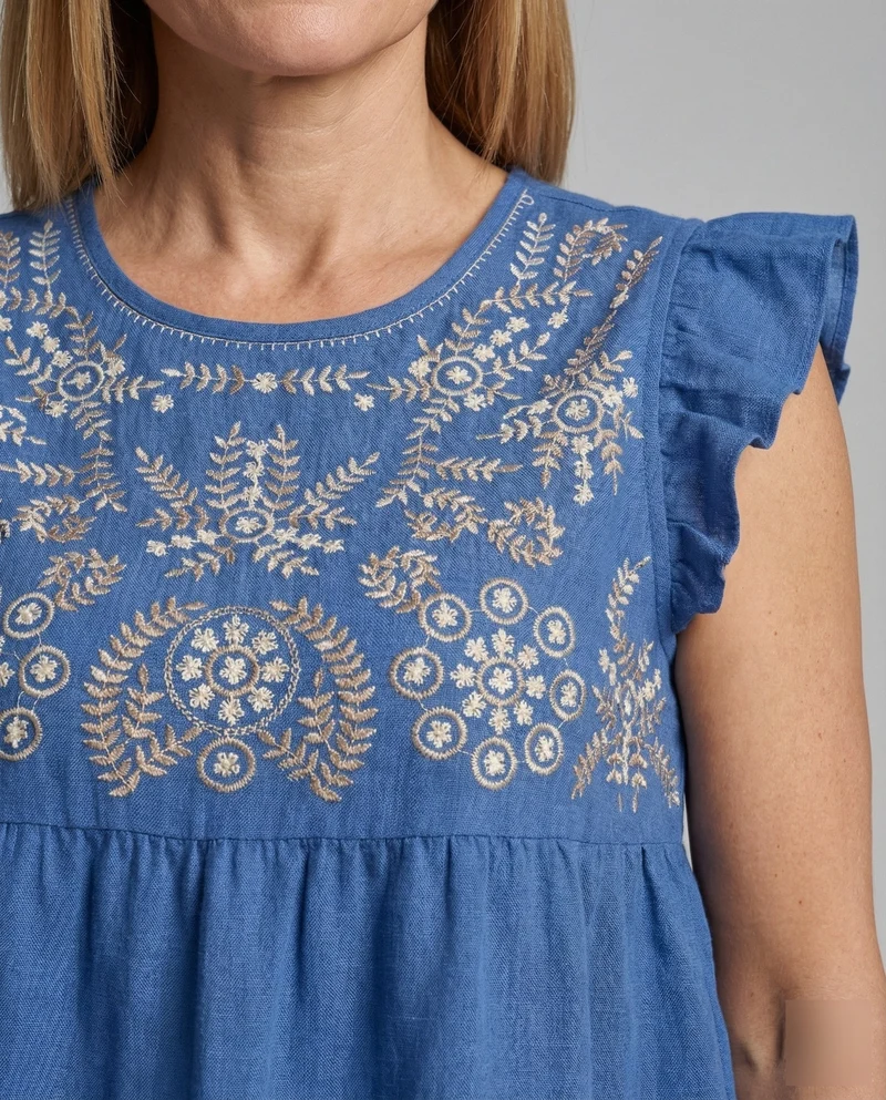 Bestickte Tunika Bluse Damen Volantärmel