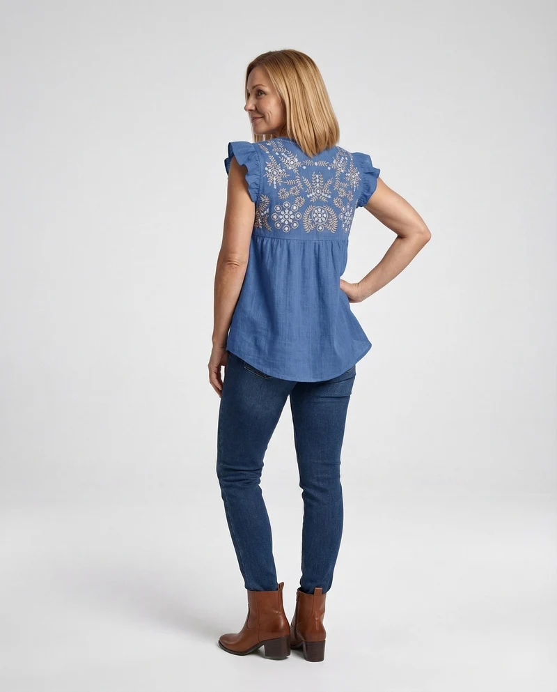 Bestickte Tunika Bluse Damen Volantärmel