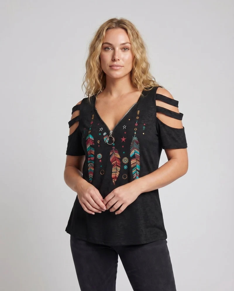 Damen Tunika-Top Boho-Print Cut-Out-Ärmel Zipp-Ausschnitt