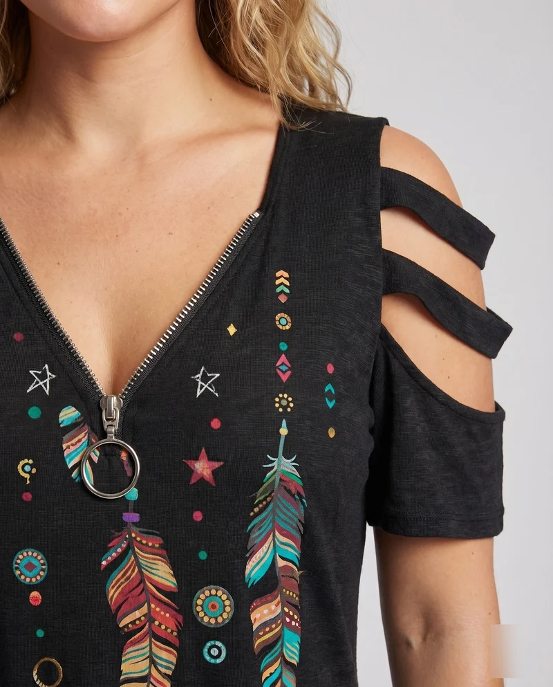 Damen Tunika-Top Boho-Print Cut-Out-Ärmel Zipp-Ausschnitt