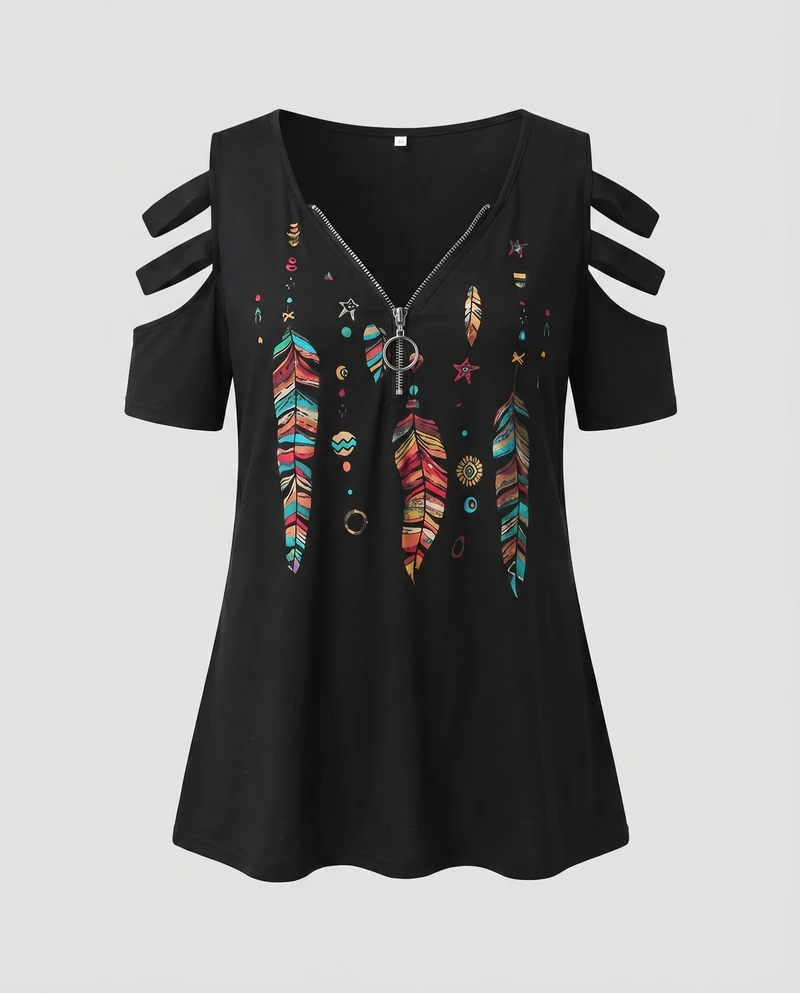 Damen Tunika-Top Boho-Print Cut-Out-Ärmel Zipp-Ausschnitt