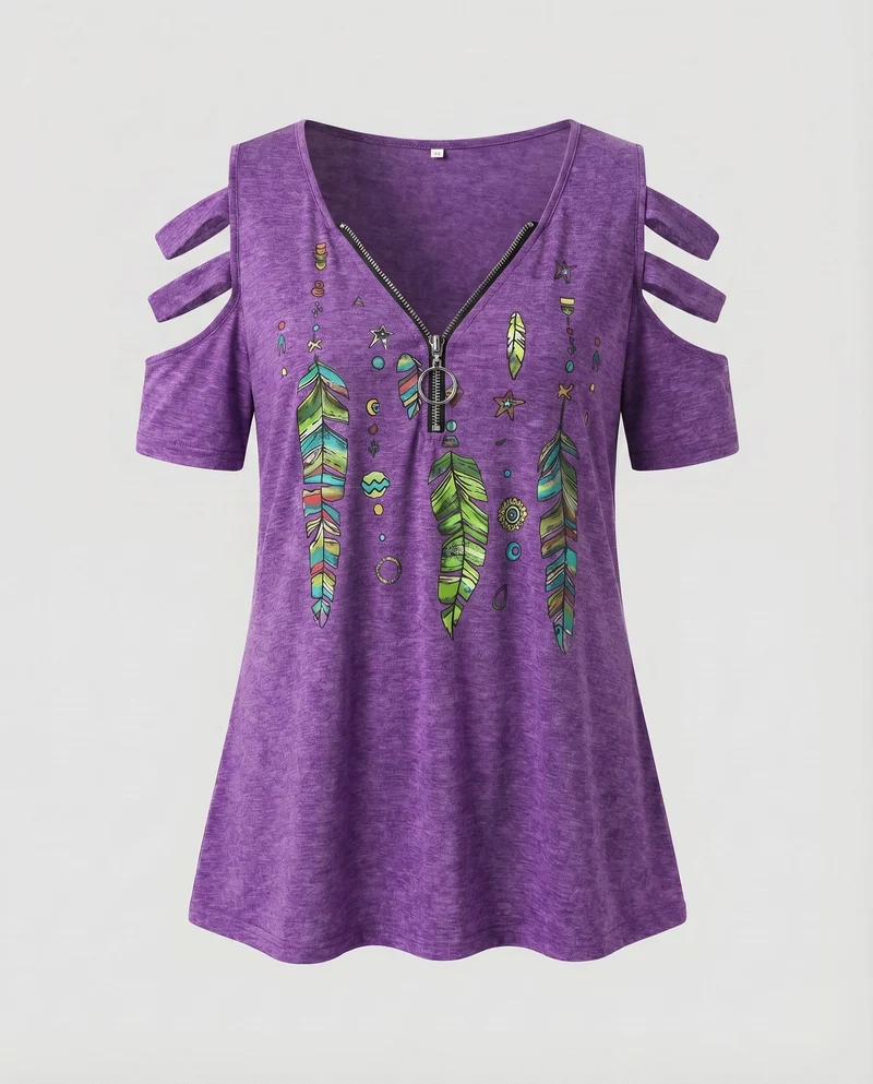 Damen Tunika-Top Boho-Print Cut-Out-Ärmel Zipp-Ausschnitt