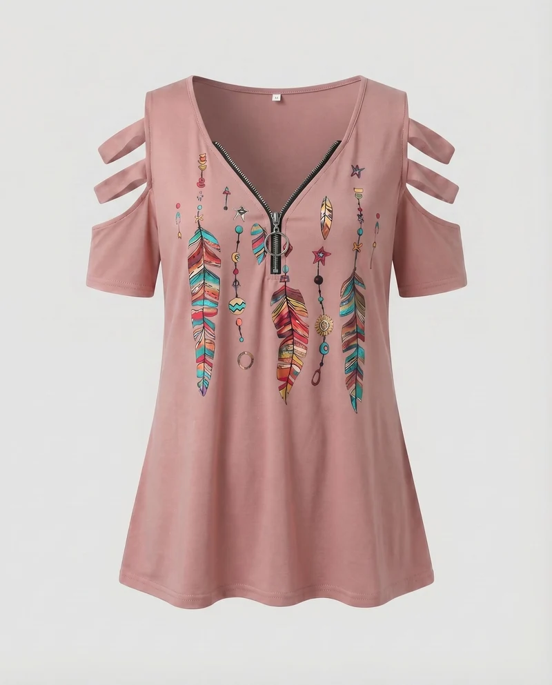 Damen Tunika-Top Boho-Print Cut-Out-Ärmel Zipp-Ausschnitt