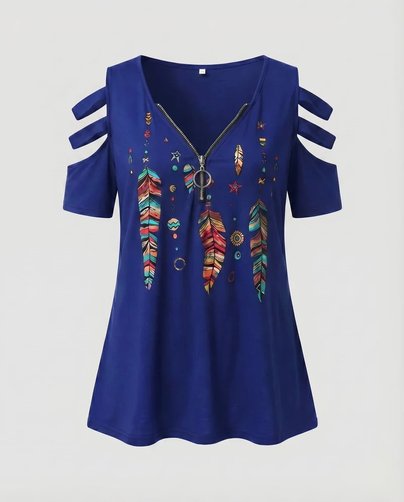Damen Tunika-Top Boho-Print Cut-Out-Ärmel Zipp-Ausschnitt