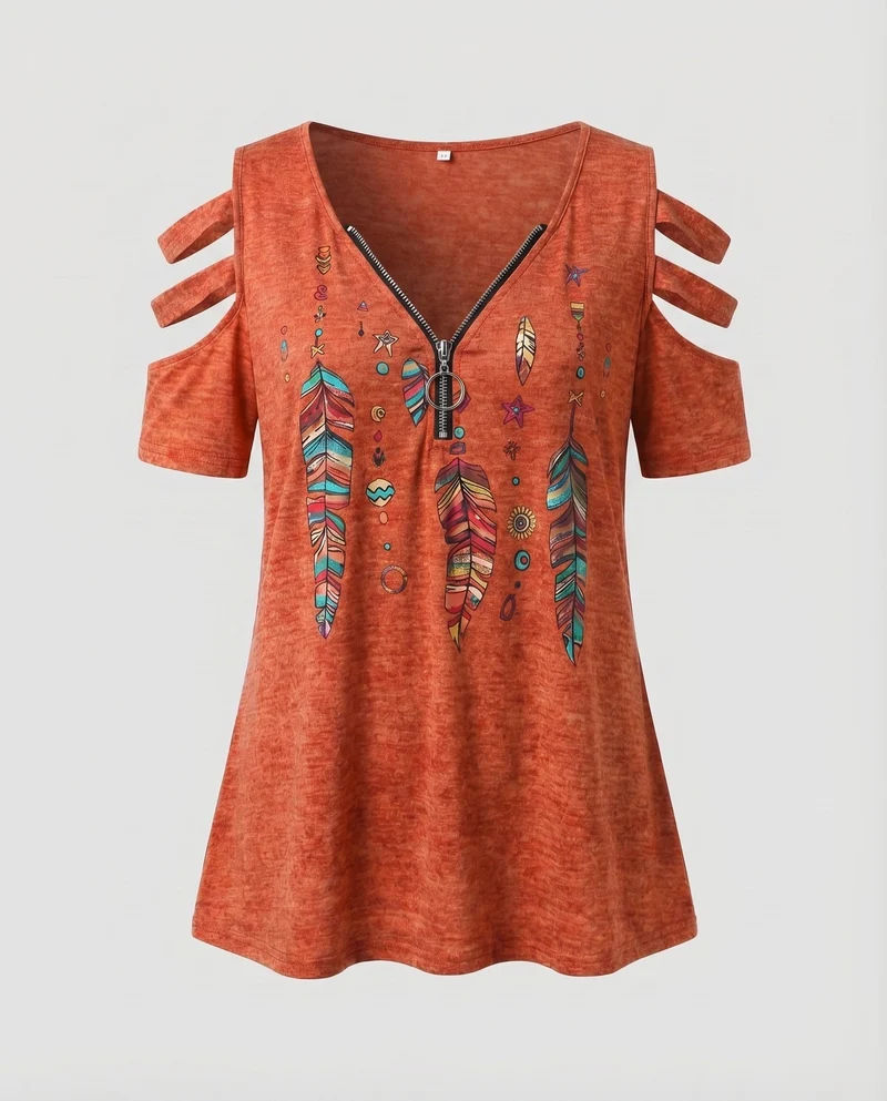 Damen Tunika-Top Boho-Print Cut-Out-Ärmel Zipp-Ausschnitt