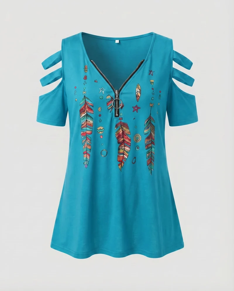 Damen Tunika-Top Boho-Print Cut-Out-Ärmel Zipp-Ausschnitt