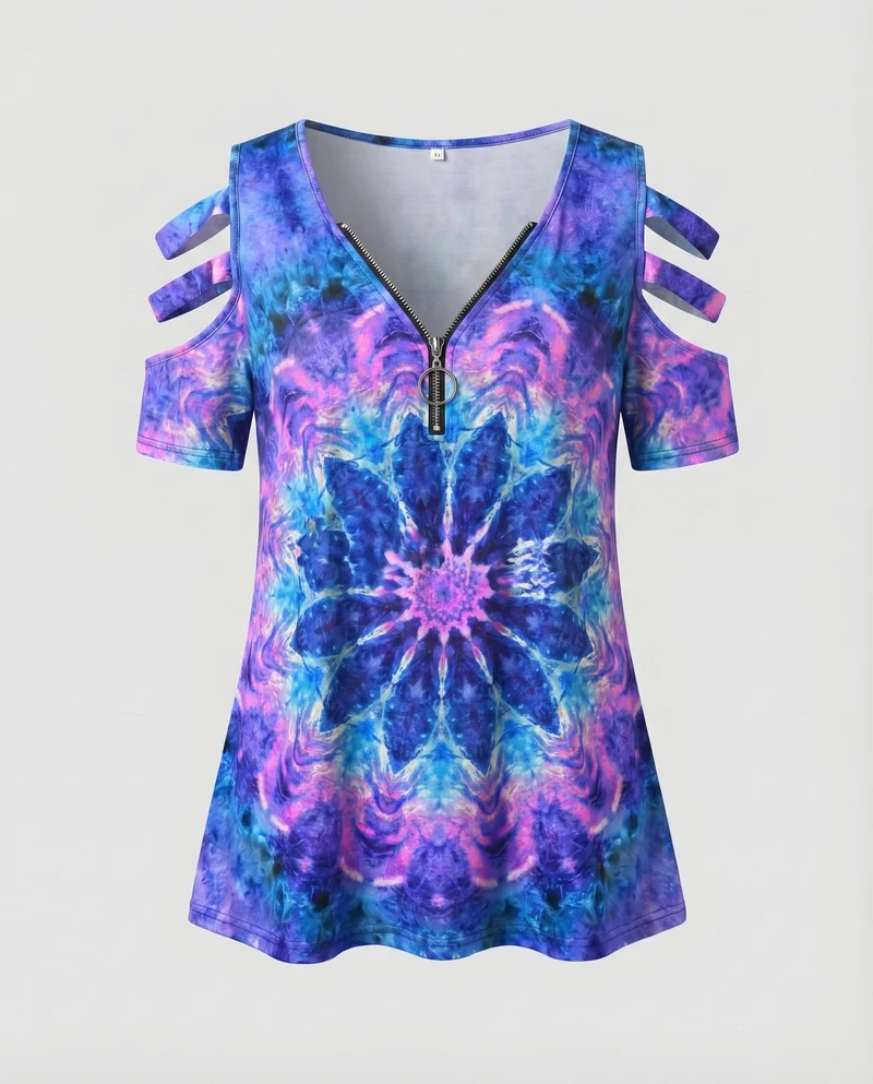 Damen Tunika-Top Boho-Print Cut-Out-Ärmel Zipp-Ausschnitt