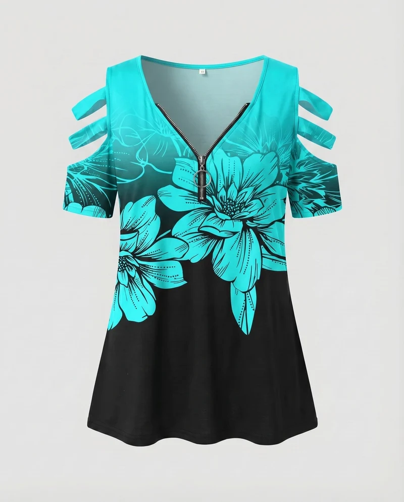 Damen Tunika-Top Boho-Print Cut-Out-Ärmel Zipp-Ausschnitt