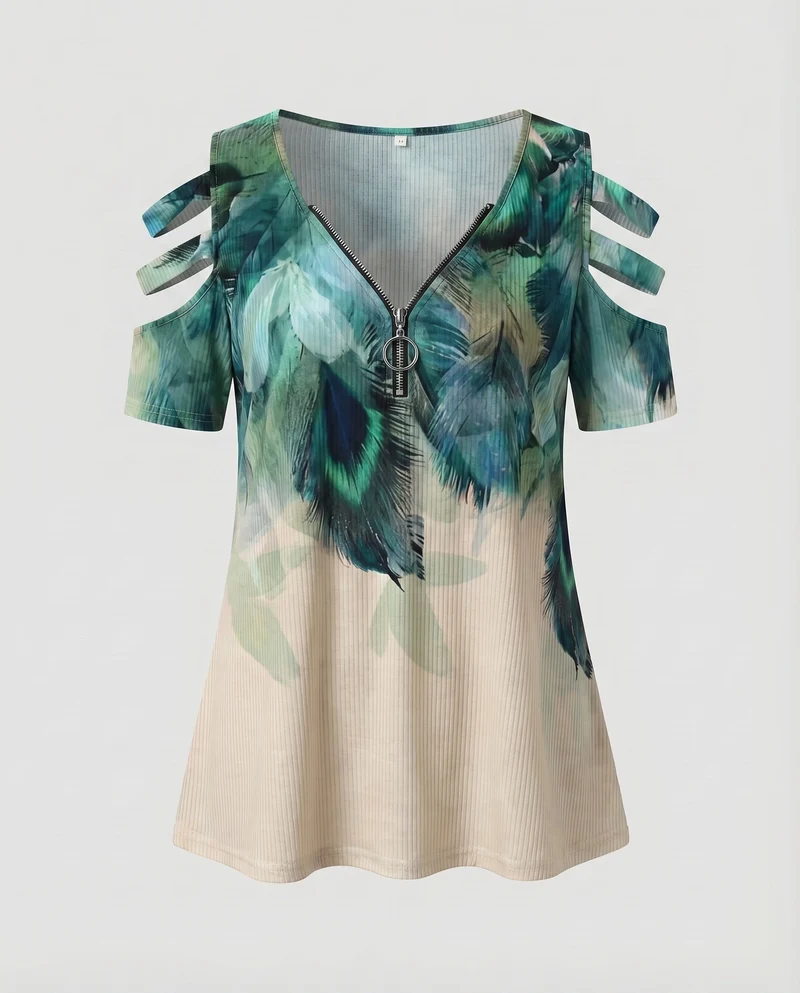 Damen Tunika-Top Boho-Print Cut-Out-Ärmel Zipp-Ausschnitt