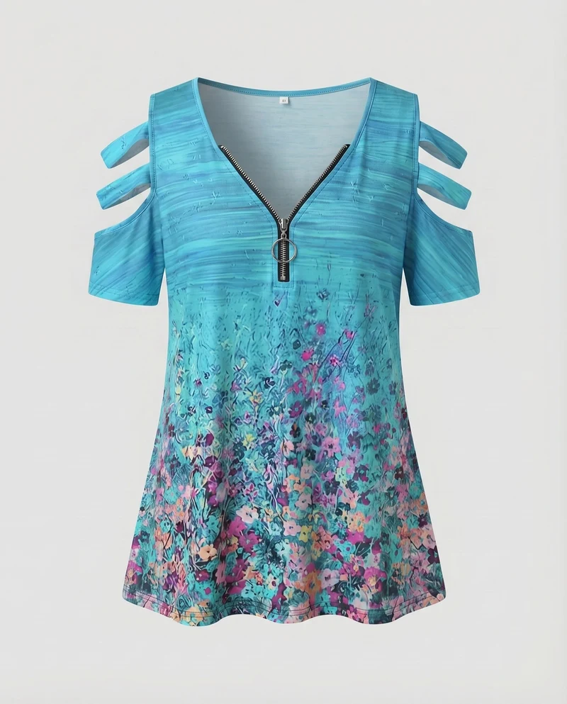 Damen Tunika-Top Boho-Print Cut-Out-Ärmel Zipp-Ausschnitt