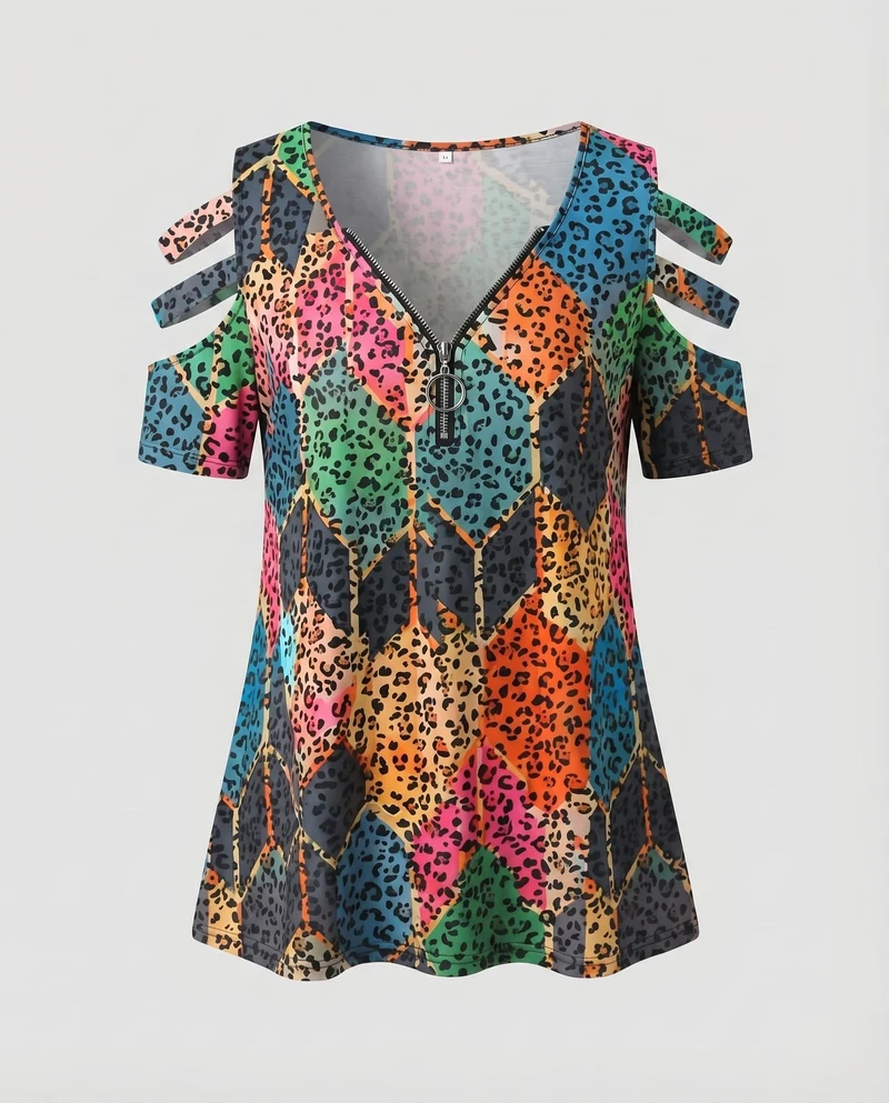 Damen Tunika-Top Boho-Print Cut-Out-Ärmel Zipp-Ausschnitt