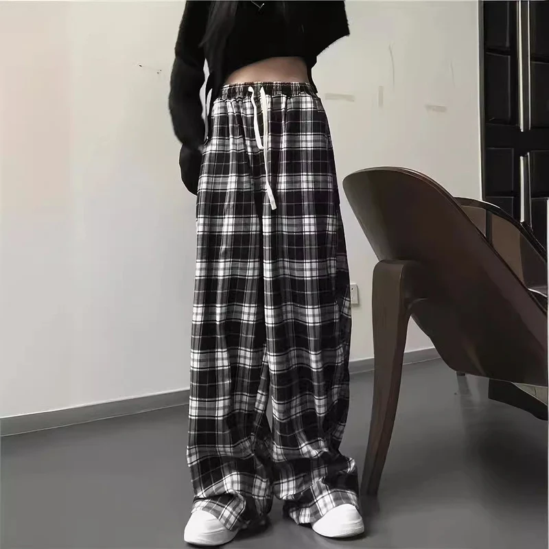 Damen weite Karohose mit Gummizug und anpassbarem Kordelzug