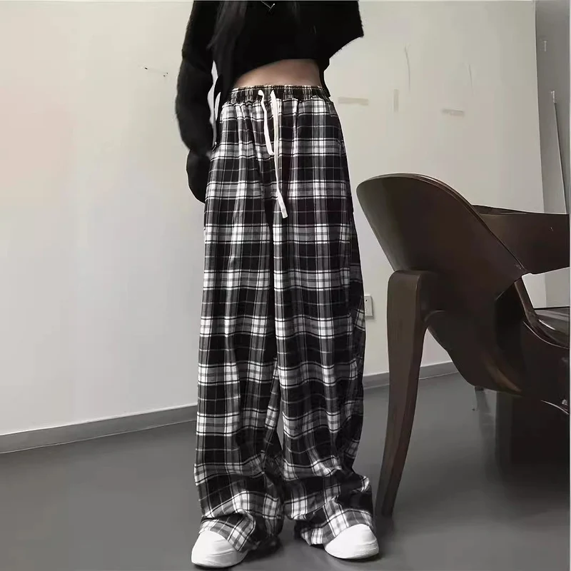 Damen weite Karohose mit Gummizug und anpassbarem Kordelzug
