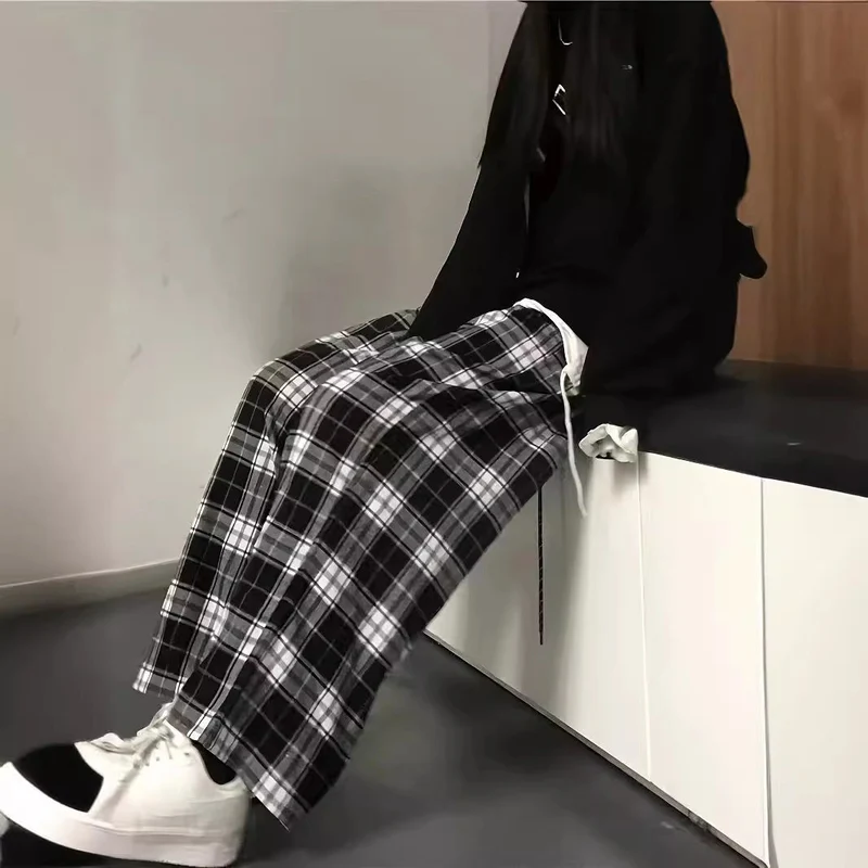 Damen weite Karohose mit Gummizug und anpassbarem Kordelzug