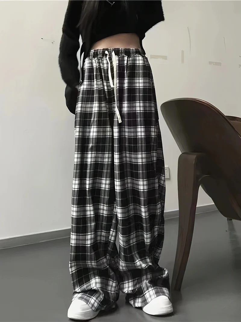 Damen weite Karohose mit Gummizug und anpassbarem Kordelzug