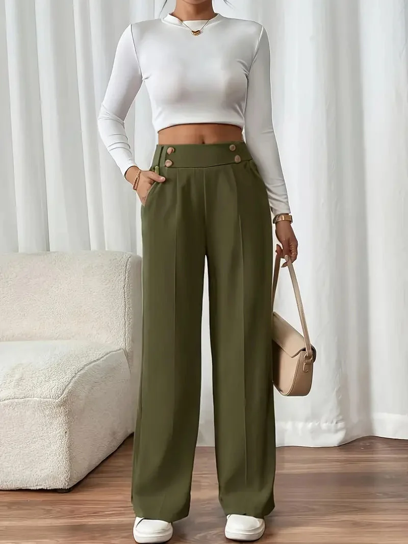 Damen Klassische weite Hose mit Knopfleiste und Taschen