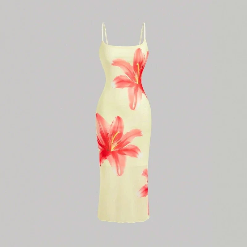 Damen sommerliches Blumenkleid mit feinen Spaghetti-Trägern und fließendem Schnitt