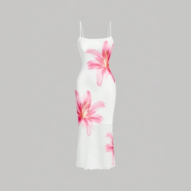 Damen sommerliches Blumenkleid mit feinen Spaghetti-Trägern und fließendem Schnitt