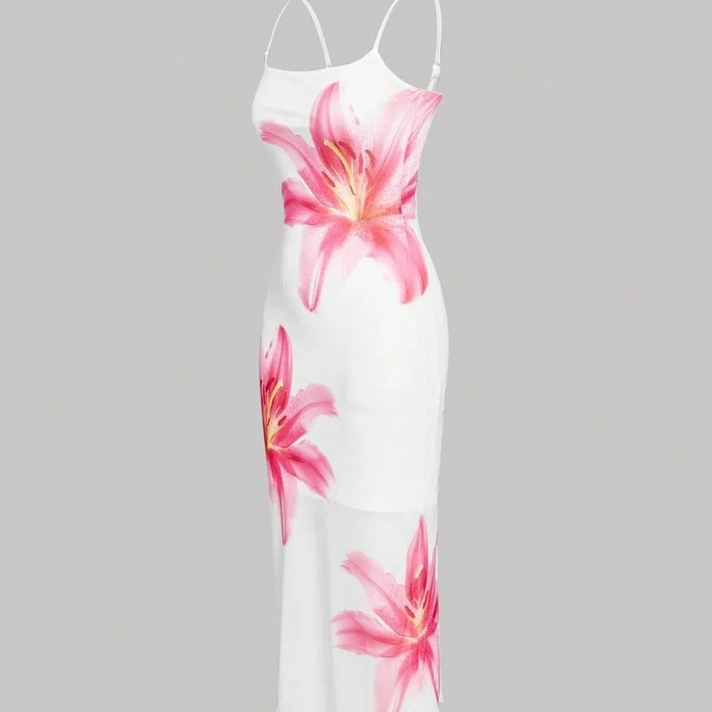 Damen sommerliches Blumenkleid mit feinen Spaghetti-Trägern und fließendem Schnitt