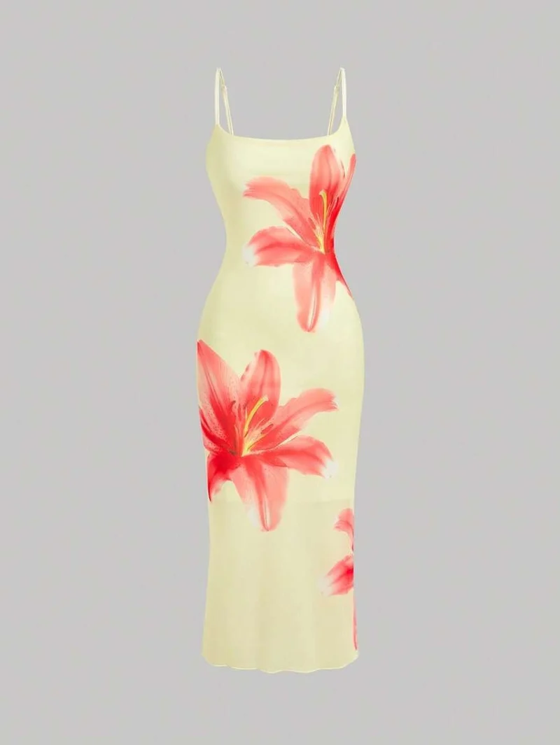 Damen sommerliches Blumenkleid mit feinen Spaghetti-Trägern und fließendem Schnitt