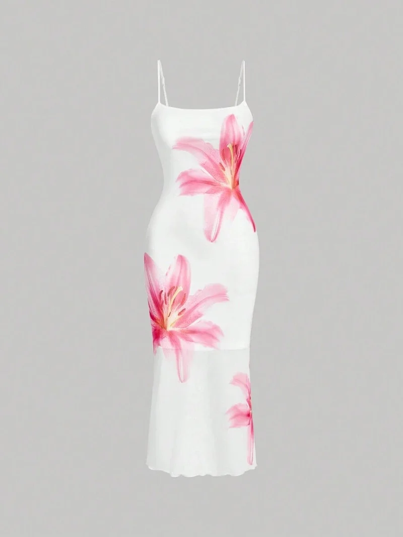 Damen sommerliches Blumenkleid mit feinen Spaghetti-Trägern und fließendem Schnitt