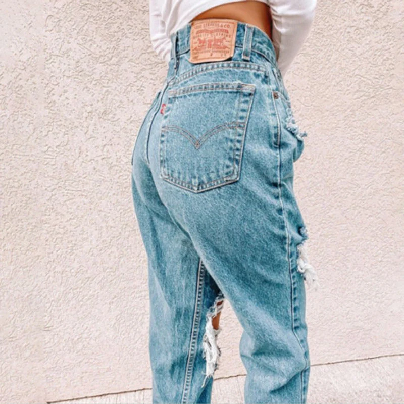 Damen Vintage High-Waist Destroyed Jeans mit fransigen Details
