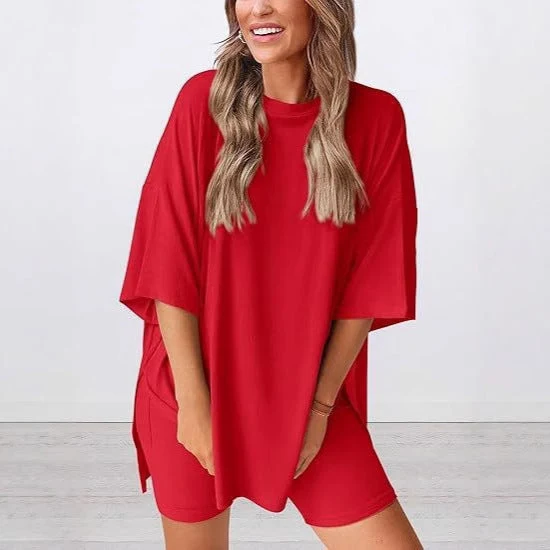 Damen Lässiges Lounge-Set mit übergroßem Oberteil und kurzen Hosen