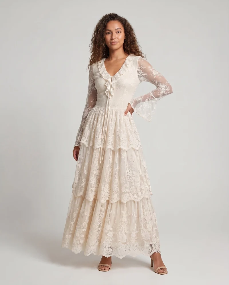 Damen langes Spitzenkleid mit fließendem Rock und V-Ausschnitt