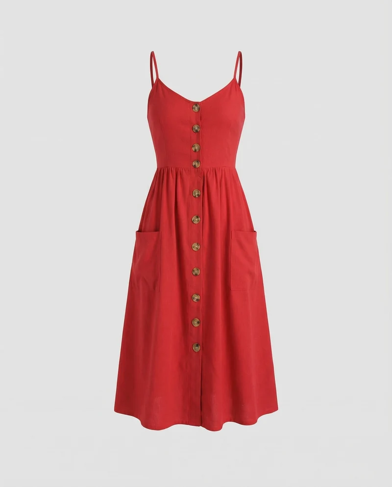 Damen Rustikale Holzknopfleiste MischgewNord Taschene A-Linien-Midikleid
