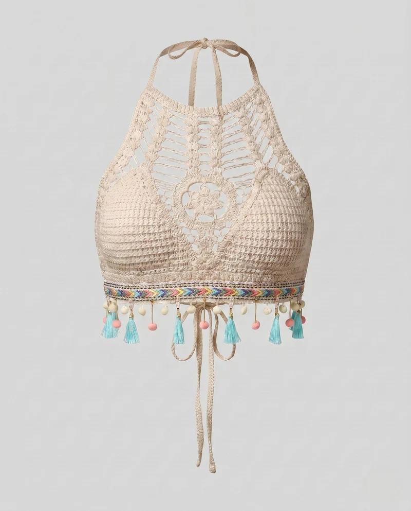 Damen Häkel-Bikinioberteil mit farbenfrohen Quasten