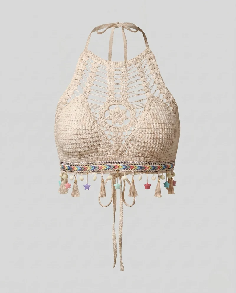 Damen Häkel-Bikinioberteil mit farbenfrohen Quasten