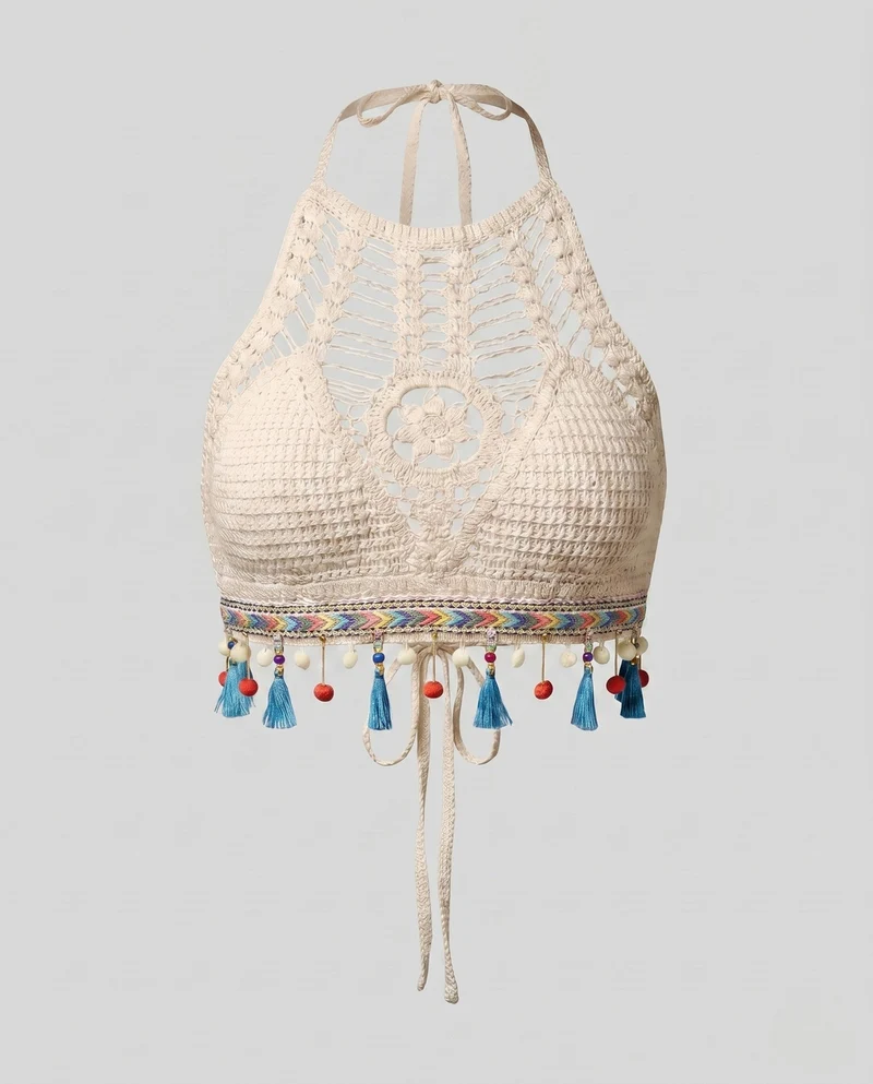 Damen Häkel-Bikinioberteil mit farbenfrohen Quasten