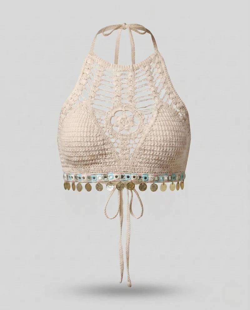 Damen Häkel-Bikinioberteil mit farbenfrohen Quasten