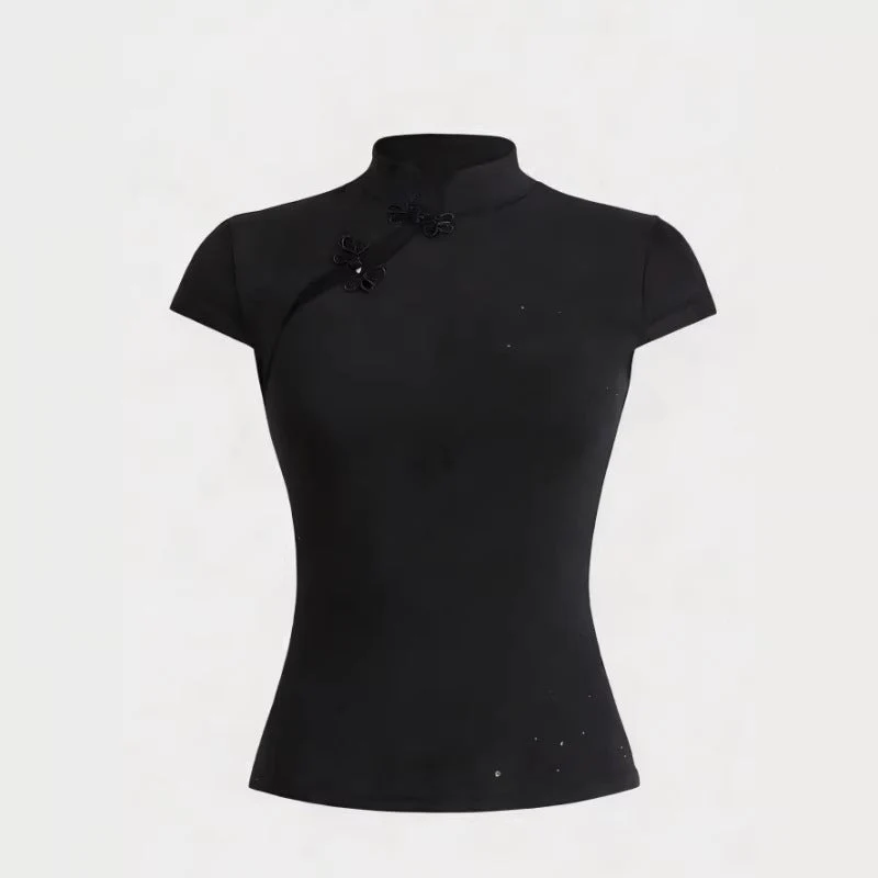 Damen Chinesisch inspirierte Bluse mit modernem Stehkragen und floralen Details