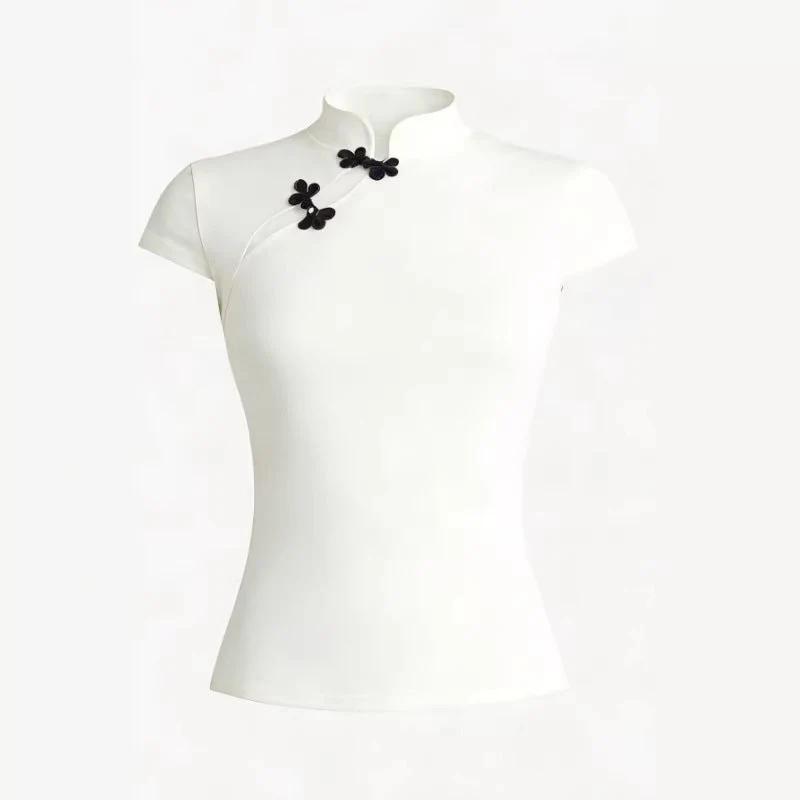 Damen Chinesisch inspirierte Bluse mit modernem Stehkragen und floralen Details
