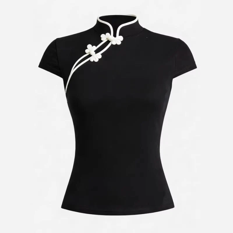 Damen Chinesisch inspirierte Bluse mit modernem Stehkragen und floralen Details