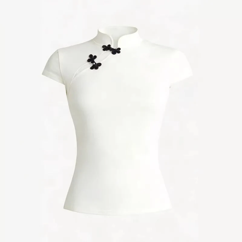Damen Chinesisch inspirierte Bluse mit modernem Stehkragen und floralen Details