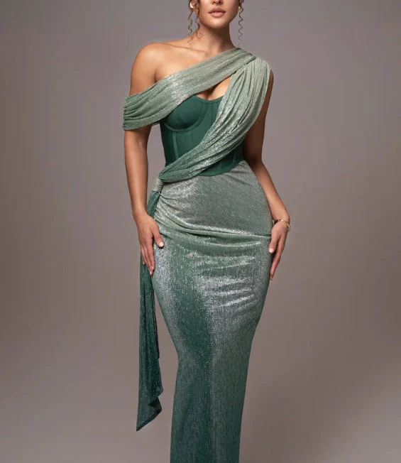 Damen Glamouröses Maxi-Abendkleid mit asymmetrischem Ausschnitt und schimmerndem Drapierungsdesign Nord Taschen
