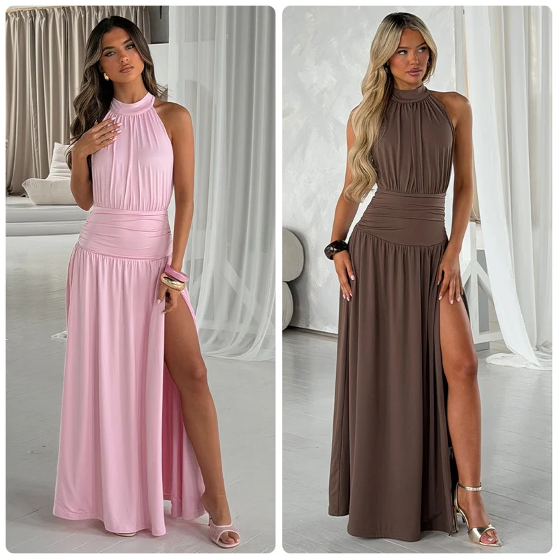 Damen Elegantes Maxikleid mit schimmerndem Stoff und hohem Schlitz Nord Taschen