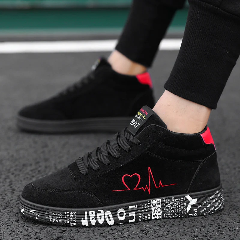 Unisex nan hochgeschnittener Freizeitschuh mit gesticktem Herz-EKG-Motiv und bedruckter Gummisohle