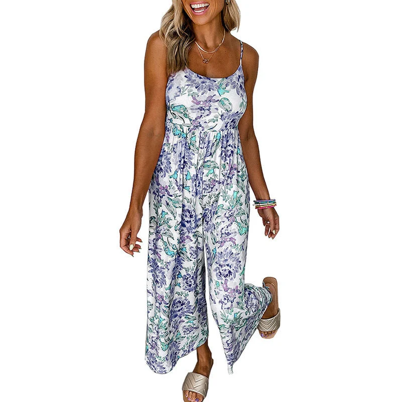Damen Luftiger Jumpsuit mit floralen Details und schmalen Trägern