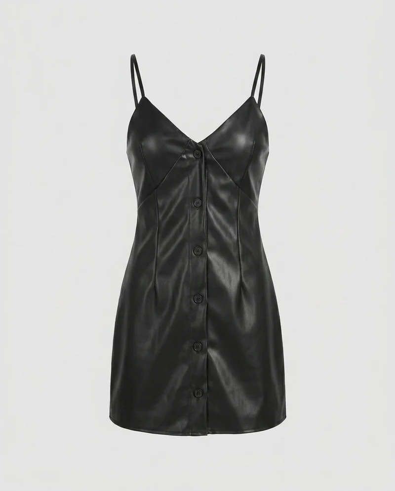 Damen Lederkleid mit durchgehender Knopfleiste und verstellbaren Trägern