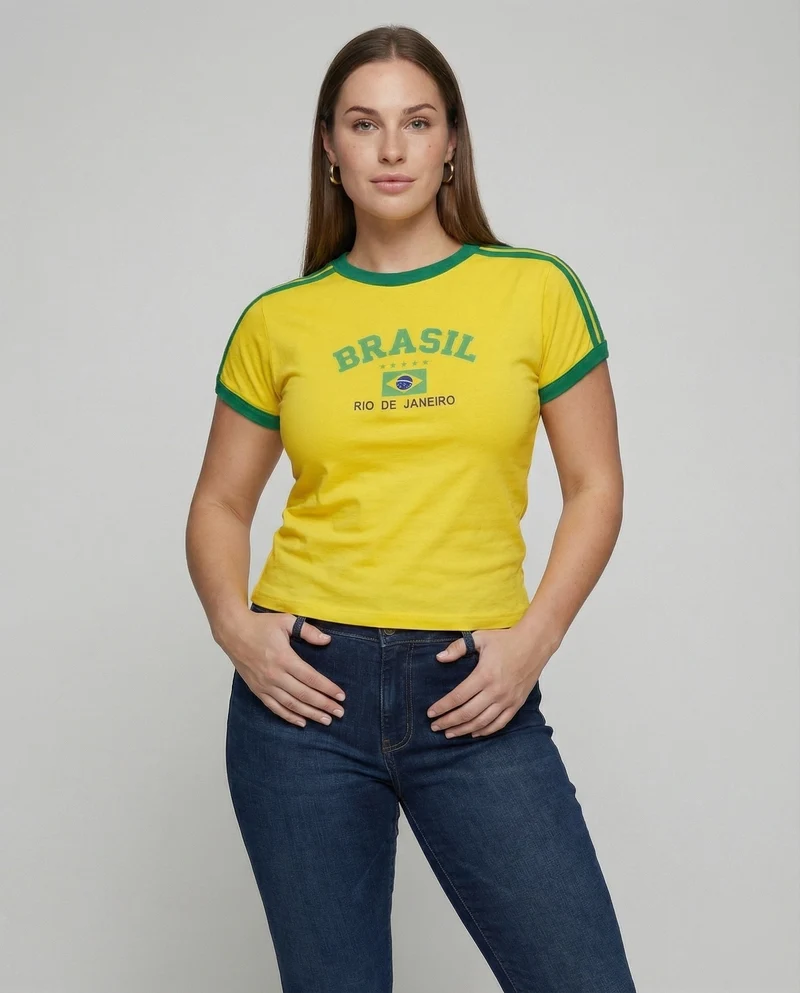 Damen Sportliche Brasil-Print Baumwoll Kurzshirt