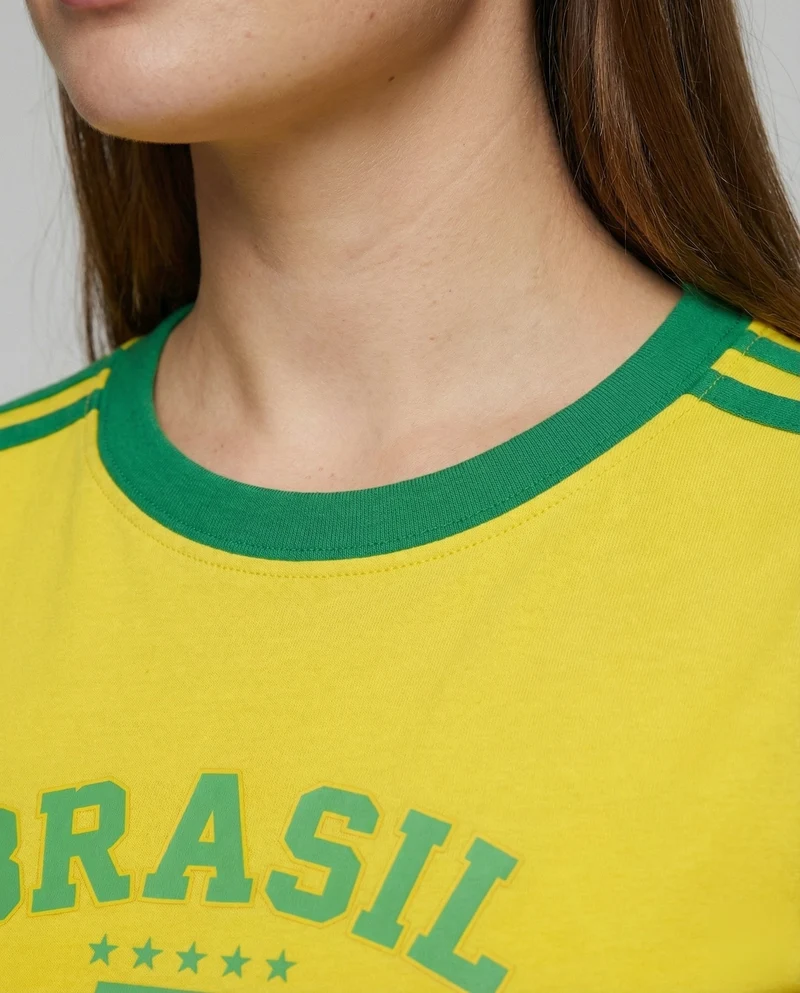 Damen Sportliche Brasil-Print Baumwoll Kurzshirt