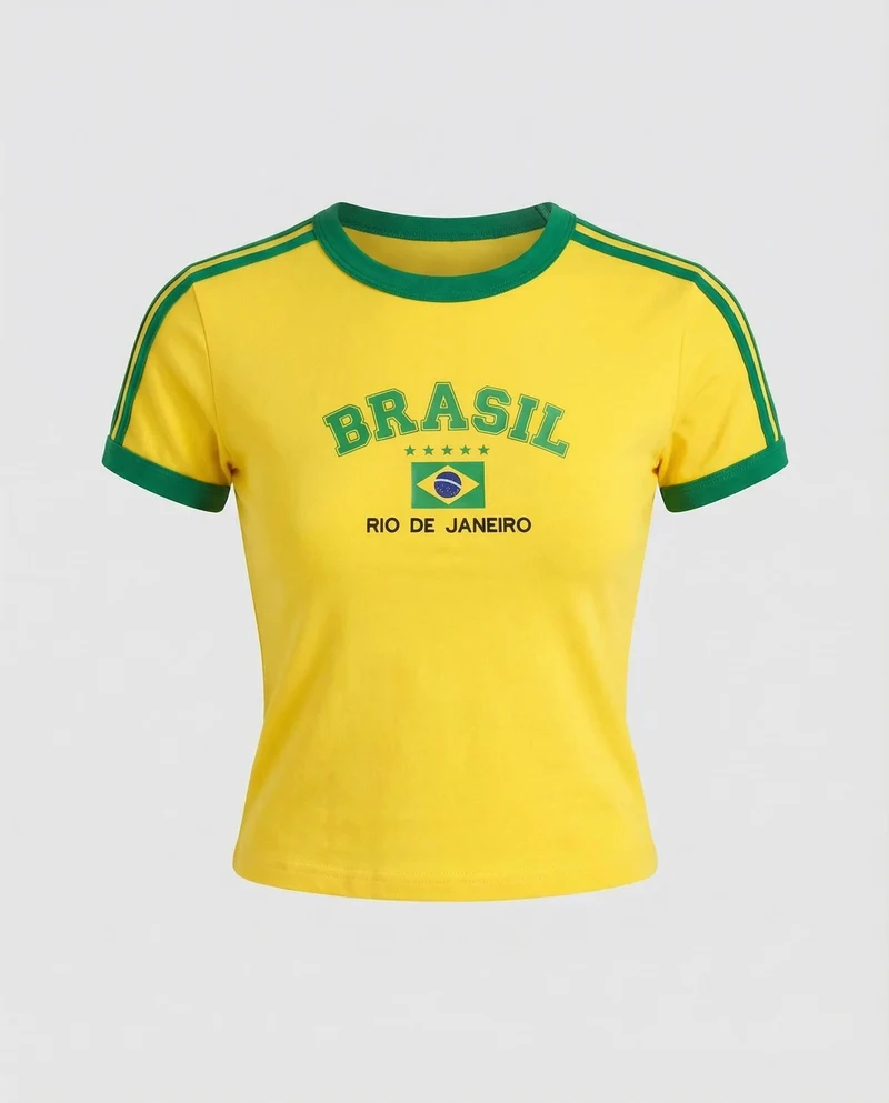 Damen Sportliche Brasil-Print Baumwoll Kurzshirt